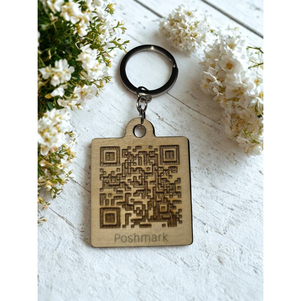 Laser cut engraved wooden QR code keychain for Poshmark send us your URL